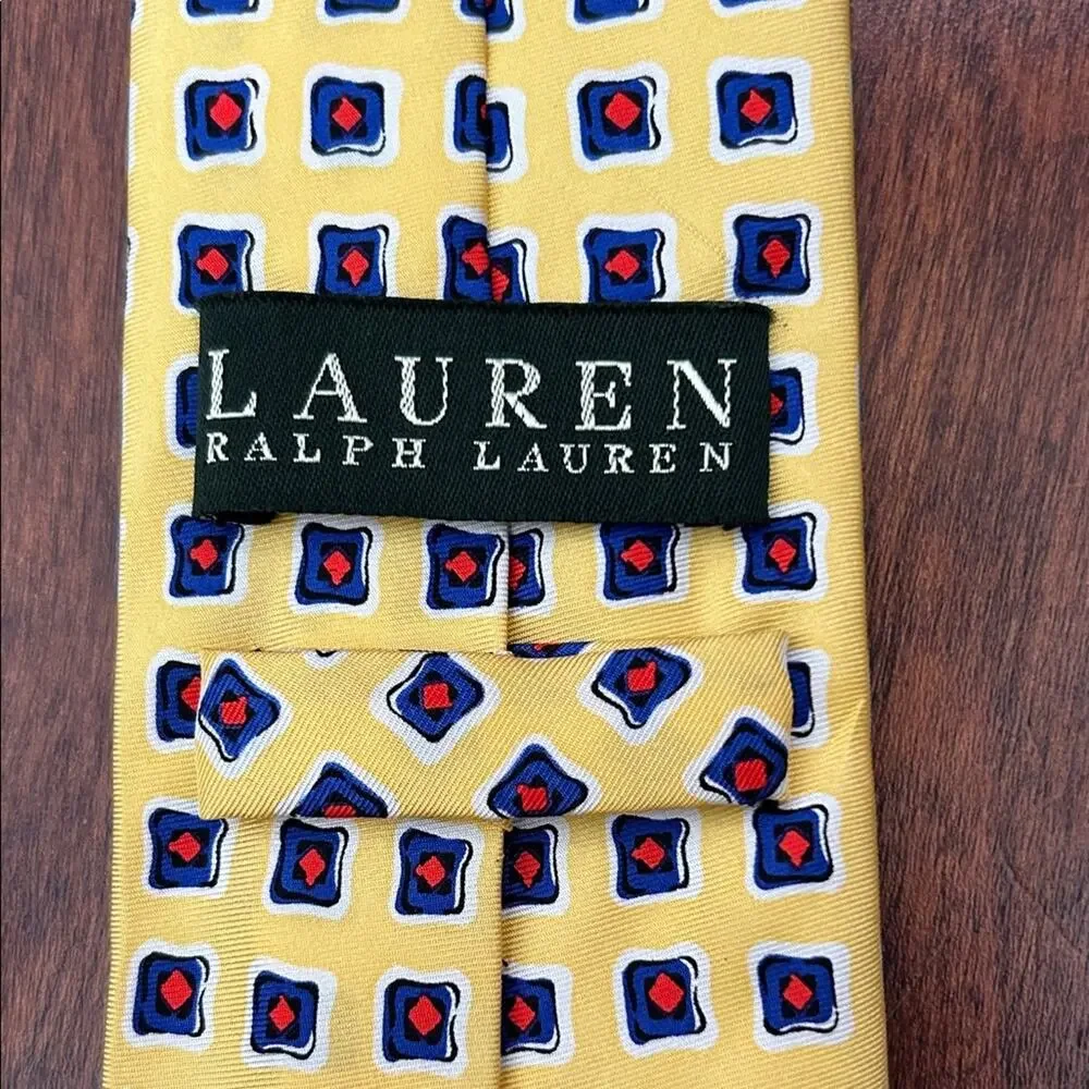 Lauren, Ralph Lauren Geometric Yellow Red White and Blue Tie, 100% Silk